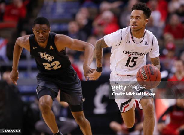 Cane Broome of the Cincinnati Bearcats brings the ball up court during the game against the UCF Knights at BB&T Arena on February 6, 2018 in Highland...