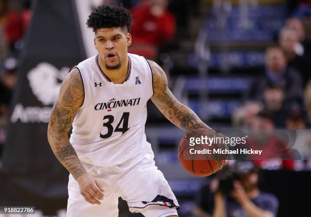 Jarron Cumberland of the Cincinnati Bearcats brings the ball up court during the game against the UCF Knights at BB&T Arena on February 6, 2018 in...