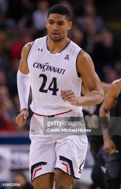 Kyle Washington of the Cincinnati Bearcats runs up the court during the game against the UCF Knights at BB&T Arena on February 6, 2018 in Highland...