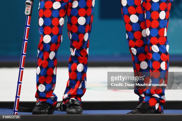 Detailed view of the pants or trousers worn by Havard Vad Petersson, Christoffer Svae, Thomas Ulsrud and Torger Nergard of Norway as they compete in...