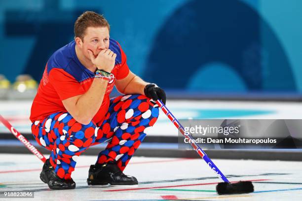 Christoffer Svae of Norway competes in the Curling Men's Round Robin Session 4 held at Gangneung Curling Centre on February 16, 2018 in Gangneung,...