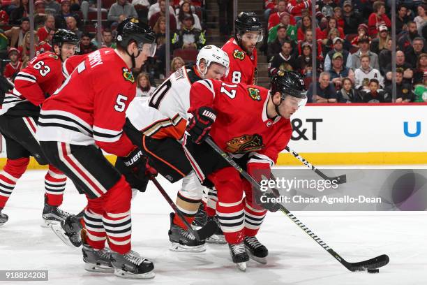 Lance Bouma of the Chicago Blackhawks controls the puck in the third period against the Anaheim Ducks at the United Center on February 15, 2018 in...