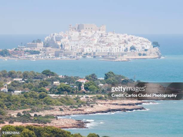 view of the old town of peniscola from sierra de irta natural park, castellon, spain - costa_del_azahar stock pictures, royalty-free photos & images