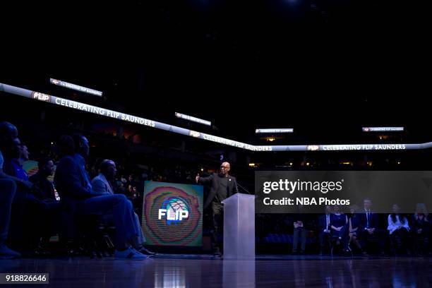 Sam Cassell honors Flip Saunders before the game against the Los Angeles Lakers on February 15, 2018 at Target Center in Minneapolis, Minnesota. NOTE...