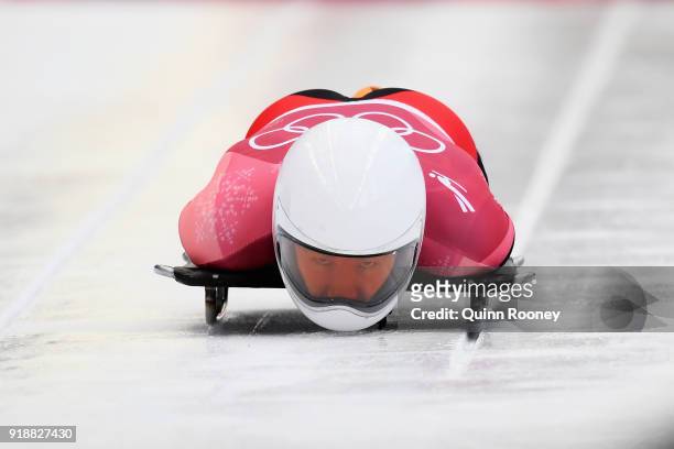 Wenqiang Geng of China slides during the Men's Skeleton at Olympic Sliding Centre on February 16, 2018 in Pyeongchang-gun, South Korea.