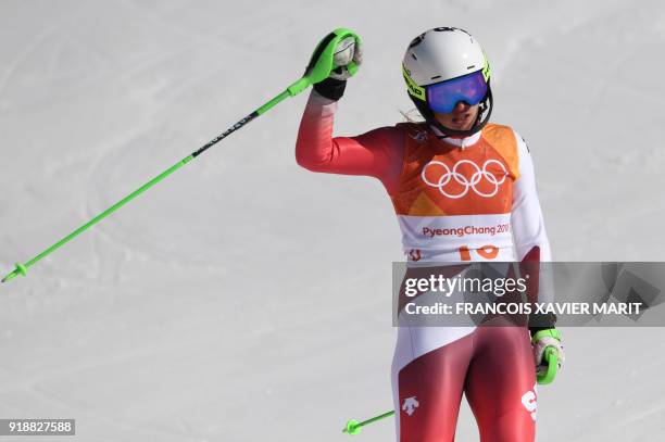 Switzerland's Denise Feierabend reacts after competing in the Women's Slalom at the Jeongseon Alpine Center during the Pyeongchang 2018 Winter...