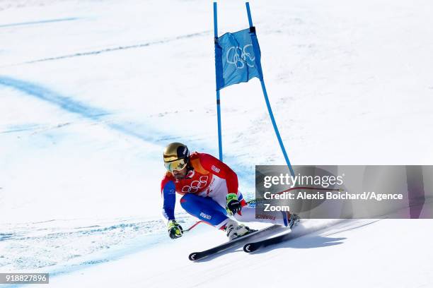 Adrien Theaux of France competes during the Alpine Skiing Men's Super-G at Jeongseon Alpine Centre on February 16, 2018 in Pyeongchang-gun, South...
