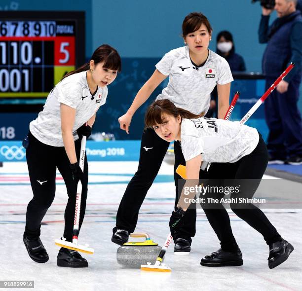 Chinami Yoshida of Japan delivers the stone in the 9th end during the Curling Women's Round Robin Session 3 against South Korea at Gangneung Curling...