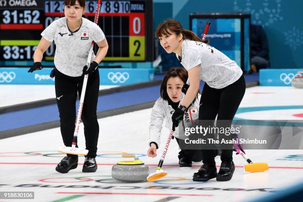 Satsuki Fujisawa of Japan delivers the stone in the 2nd end during the Curling Women's Round Robin Session 3 against South Korea at Gangneung Curling...