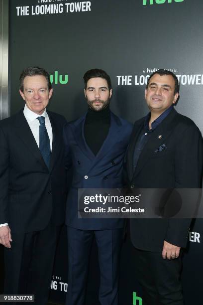 Lawrence Wright, Tahar Rahim and Ali Soufan attend Hulu's "The Looming Tower" Series Premiere at The Paris Theatre on February 15, 2018 in New York...