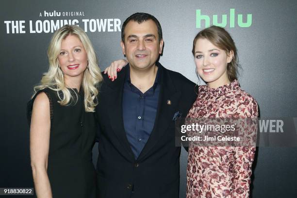 Heather Soufan, Ali Soufan and Ella Rae Peck attend Hulu's "The Looming Tower" Series Premiere at The Paris Theatre on February 15, 2018 in New York...
