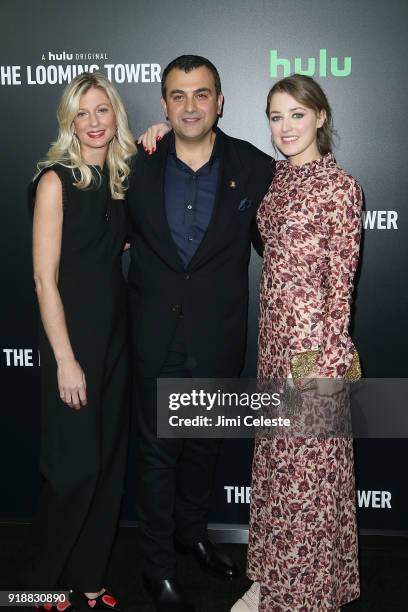 Heather Soufan, Ali Soufan and Ella Rae Peck attend Hulu's "The Looming Tower" Series Premiere at The Paris Theatre on February 15, 2018 in New York...