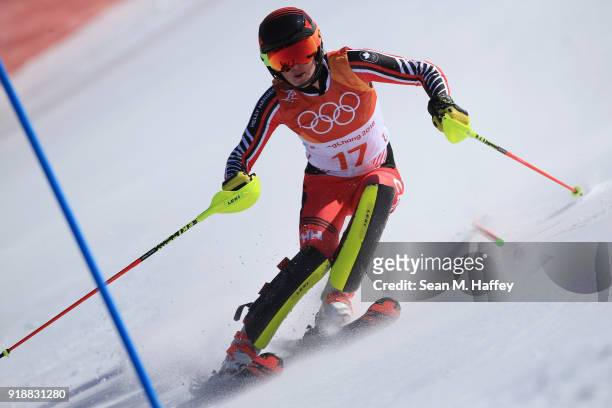 Erin Mielzynski of Canada competes during the Ladies' Slalom Alpine Skiing at Yongpyong Alpine Centre on February 16, 2018 in Pyeongchang-gun, South...