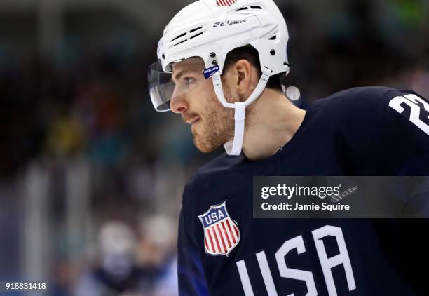 Bobby Sanguinetti of the United States looks on during the Men's Ice Hockey Preliminary Round Group B game against Slovakia at Gangneung Hockey...