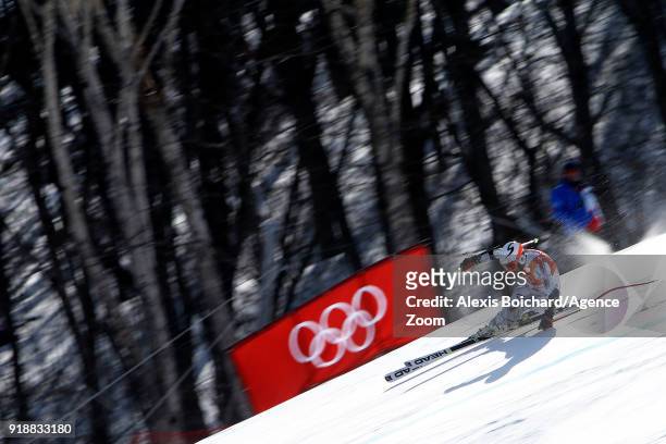 Joan Verdu of Andorra in action during the Alpine Skiing Men's Super-G at Jeongseon Alpine Centre on February 16, 2018 in Pyeongchang-gun, South...