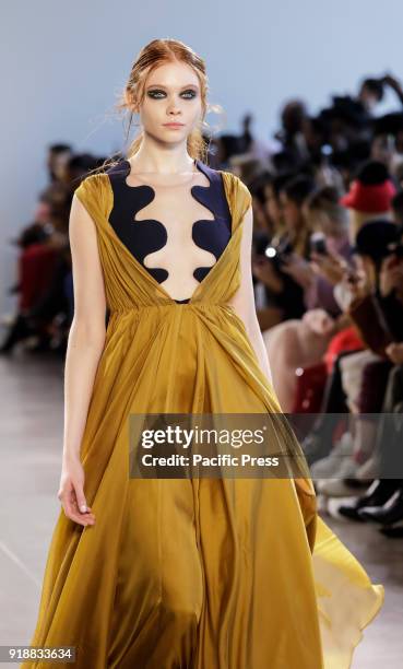 Model walks runway for Leanne Marshall Fall/Winter 2018 runway show during New York Fashion Week at Spring Studios, Manhattan.