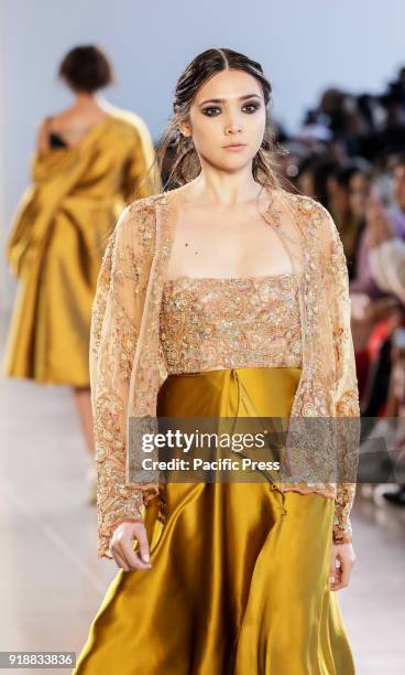 Model walks runway for Leanne Marshall Fall/Winter 2018 runway show during New York Fashion Week at Spring Studios, Manhattan.