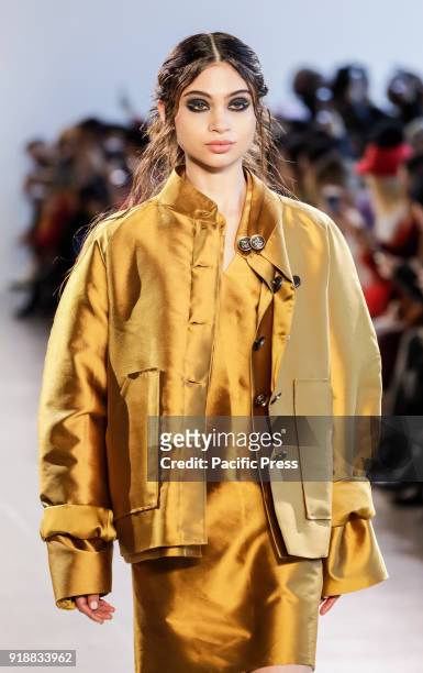 Model walks runway for Leanne Marshall Fall/Winter 2018 runway show during New York Fashion Week at Spring Studios, Manhattan.