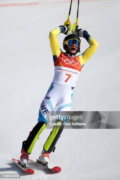 Frida Hansdotter of Sweden celebrates at the finish during the Ladies' Slalom Alpine Skiing at Yongpyong Alpine Centre on February 16, 2018 in...