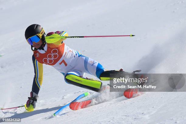 Frida Hansdotter of Sweden competes during the Ladies' Slalom Alpine Skiing at Yongpyong Alpine Centre on February 16, 2018 in Pyeongchang-gun, South...