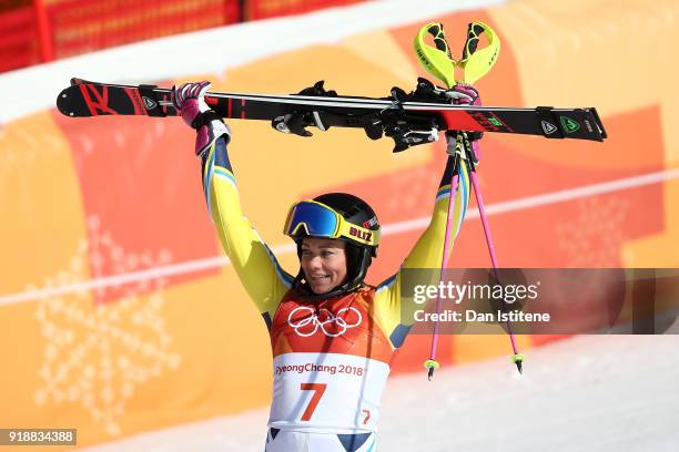 Frida Hansdotter of Sweden celebrates at the finish during the Ladies' Slalom Alpine Skiing at Yongpyong Alpine Centre on February 16, 2018 in...