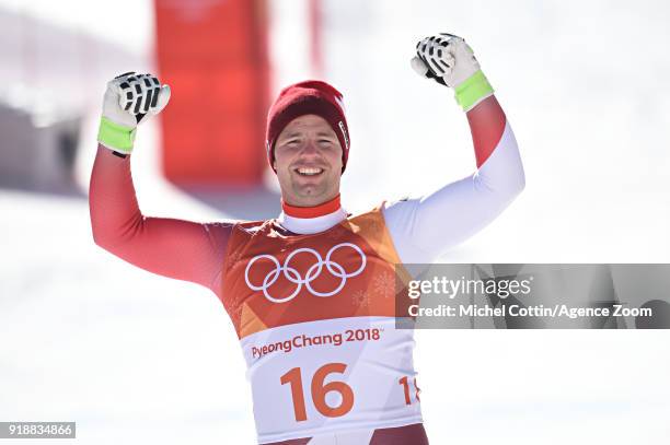 Beat Feuz of Switzerland wins the silver medal during the Alpine Skiing Men's Super-G at Jeongseon Alpine Centre on February 16, 2018 in...