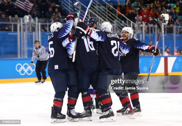 United States celebrates after Ryan Donato of the United States scores for the second time against Slovakia during the Men's Ice Hockey Preliminary...