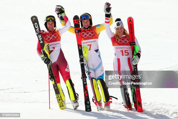 Gold medallist Frida Hansdotter of Sweden poses with silver medallist Wendy Holdener of Switzerland and bronze medallist Katharina Gallhuber of...