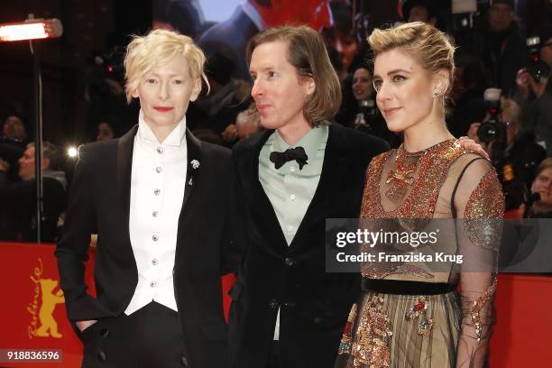 Actress Tilda Swinton, director Wes Anderson and actress Greta Gerwig attend the Opening Ceremony & 'Isle of Dogs' premiere during the 68th Berlinale...