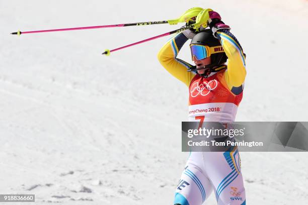 Frida Hansdotter of Sweden celebrates at the finish during the Ladies' Slalom Alpine Skiing at Yongpyong Alpine Centre on February 16, 2018 in...