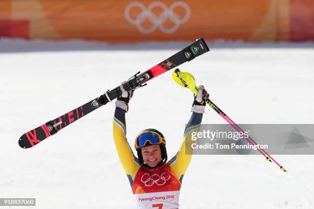 Frida Hansdotter of Sweden celebrates at the finish during the Ladies' Slalom Alpine Skiing at Yongpyong Alpine Centre on February 16, 2018 in...