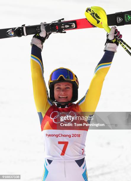 Frida Hansdotter of Sweden celebrates at the finish during the Ladies' Slalom Alpine Skiing at Yongpyong Alpine Centre on February 16, 2018 in...