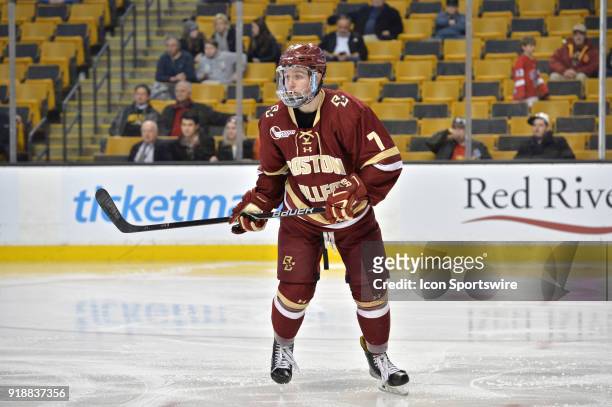 Boston College Eagles defenseman Connor Moore waits for a pass from a teammate. During the Boston College Eagles game against the Harvard University...