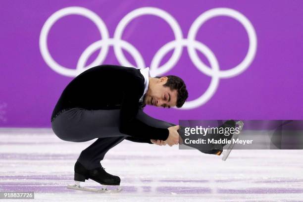 Javier Fernandez of Spain competes during the Men's Single Skating Short Program at Gangneung Ice Arena on February 16, 2018 in Gangneung, South...