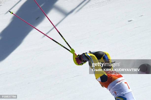 Sweden's Frida Hansdotter reacts to winning gold after competing in the Women's Slalom at the Jeongseon Alpine Center during the Pyeongchang 2018...