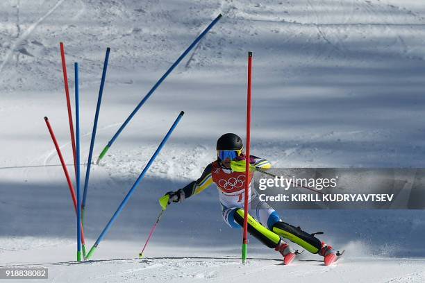 Sweden's Frida Hansdotter competes to win gold in the Women's Slalom at the Jeongseon Alpine Center during the Pyeongchang 2018 Winter Olympic Games...