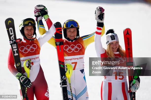 Wendy Holdener of Switzerland wins the silver medal, Frida Hansdotter of Sweden wins the gold medal, Katharina Gallhuber of Austria wins the bronze...