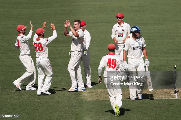 Nick Winter of the Redbacks celebrates with team mates after taking the wicket of Moises Henriques of the Blues during day one of the Sheffield...