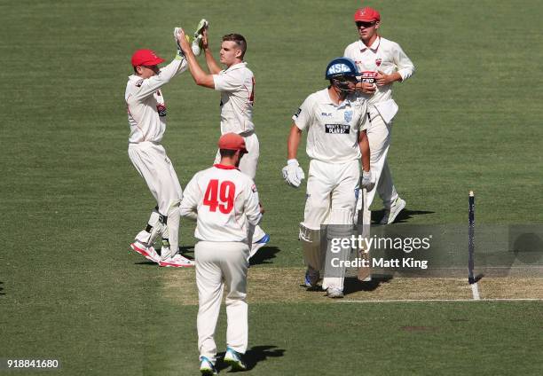 Nick Winter of the Redbacks celebrates with team mates after taking the wicket of Moises Henriques of the Blues during day one of the Sheffield...