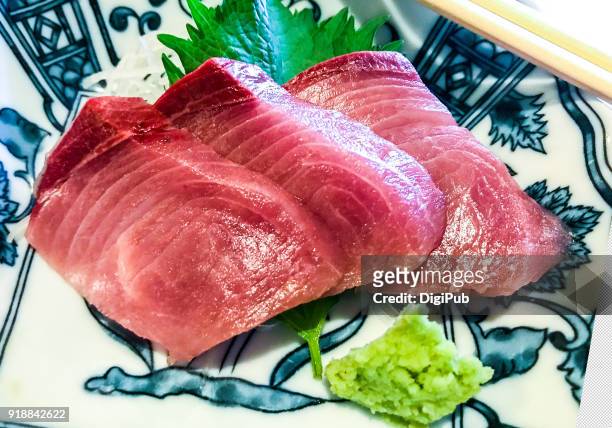 close up of yellowtail sashimi - amberjack stockfoto's en -beelden