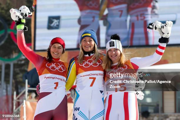 Wendy Holdener of Switzerland wins the silver medal, Frida Hansdotter of Sweden wins the silver medal, Katharina Gallhuber of Austria wins the bronze...
