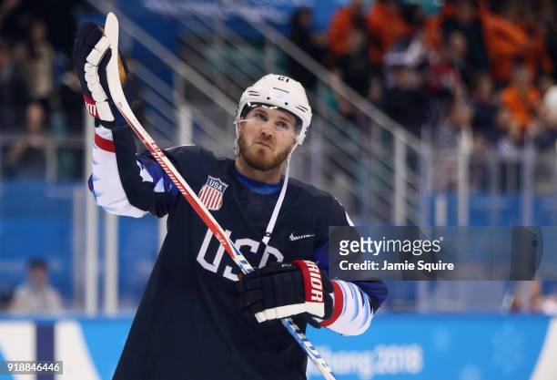 James Wisniewski of the United States celebrates after defeating Slovakia 2-1 during the Men's Ice Hockey Preliminary Round Group B game at Gangneung...