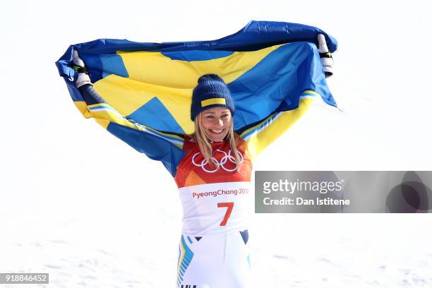 Gold medallist Frida Hansdotter of Sweden celebrates during the victory ceremony for the Ladies' Slalom Alpine Skiing at Yongpyong Alpine Centre on...