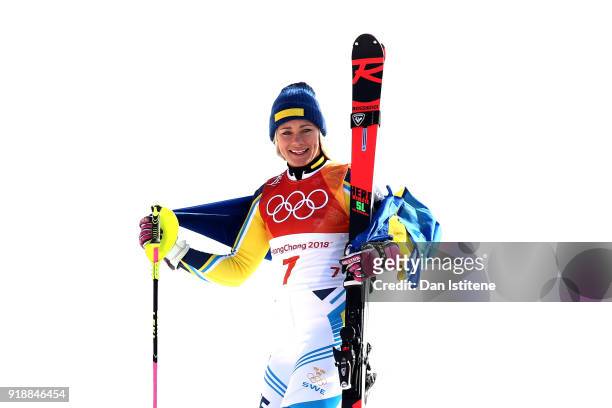 Gold medallist Frida Hansdotter of Sweden celebrates during the victory ceremony for the Ladies' Slalom Alpine Skiing at Yongpyong Alpine Centre on...