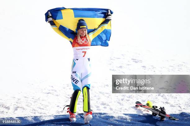 Gold medallist Frida Hansdotter of Sweden celebrates during the victory ceremony for the Ladies' Slalom Alpine Skiing at Yongpyong Alpine Centre on...