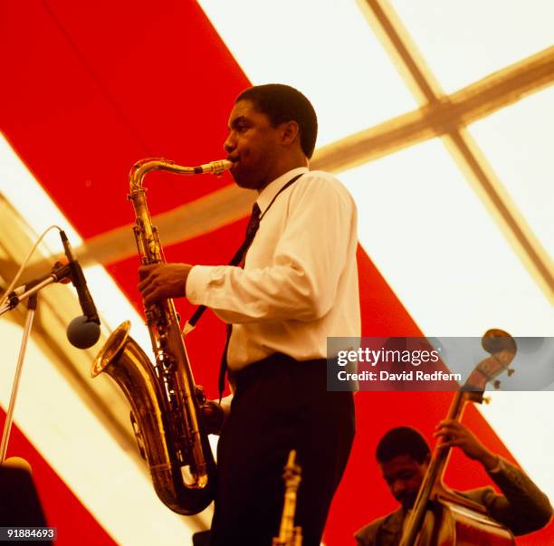 Saxophonist Branford Marsalis performs on stage at the New Orleans Jazz and Heritage Festival in New Orleans, Louisiana on May 03, 1987.