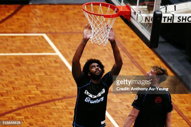 Rakeem Christmas of the Breakers during warm up prior to the round 19 NBL match between the New Zealand Breakers and the Illawarra Hawks at North...