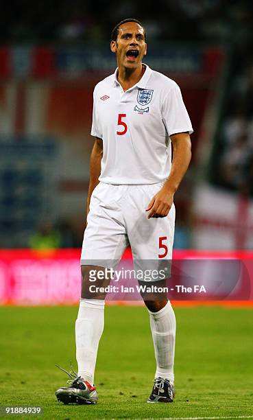 Rio Ferdinand of England shouts during the FIFA 2010 World Cup Group 6 Qualifying match between England and Belarus at Wembley Stadium on October 14,...