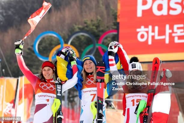 Wendy Holdener of Switzerland wins the silver medal, Frida Hansdotter of Sweden wins the gold medal, Katharina Gallhuber of Austria wins the bronze...