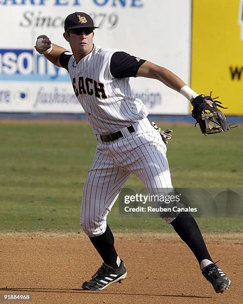 Third baseman Evan Longoria of the Long Beach State Dirtbags makes a play as they defeated visiting Univeristy of Illinois-Chicago Flames 10 to 0 on...
